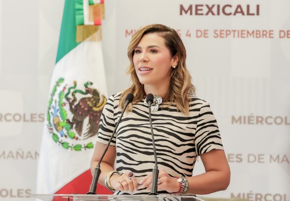 Marina del Pilar Ávila Olmeda durante un evento oficial como gobernadora de Baja California